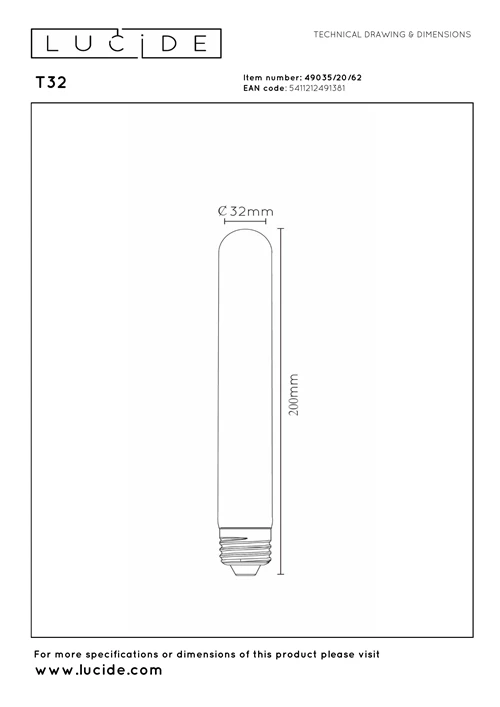 Lucide T32 - Filament lamp - Ø 3,2 cm - LED Dimb. - E27 - 1x4,9W 2200K - Amber - technisch